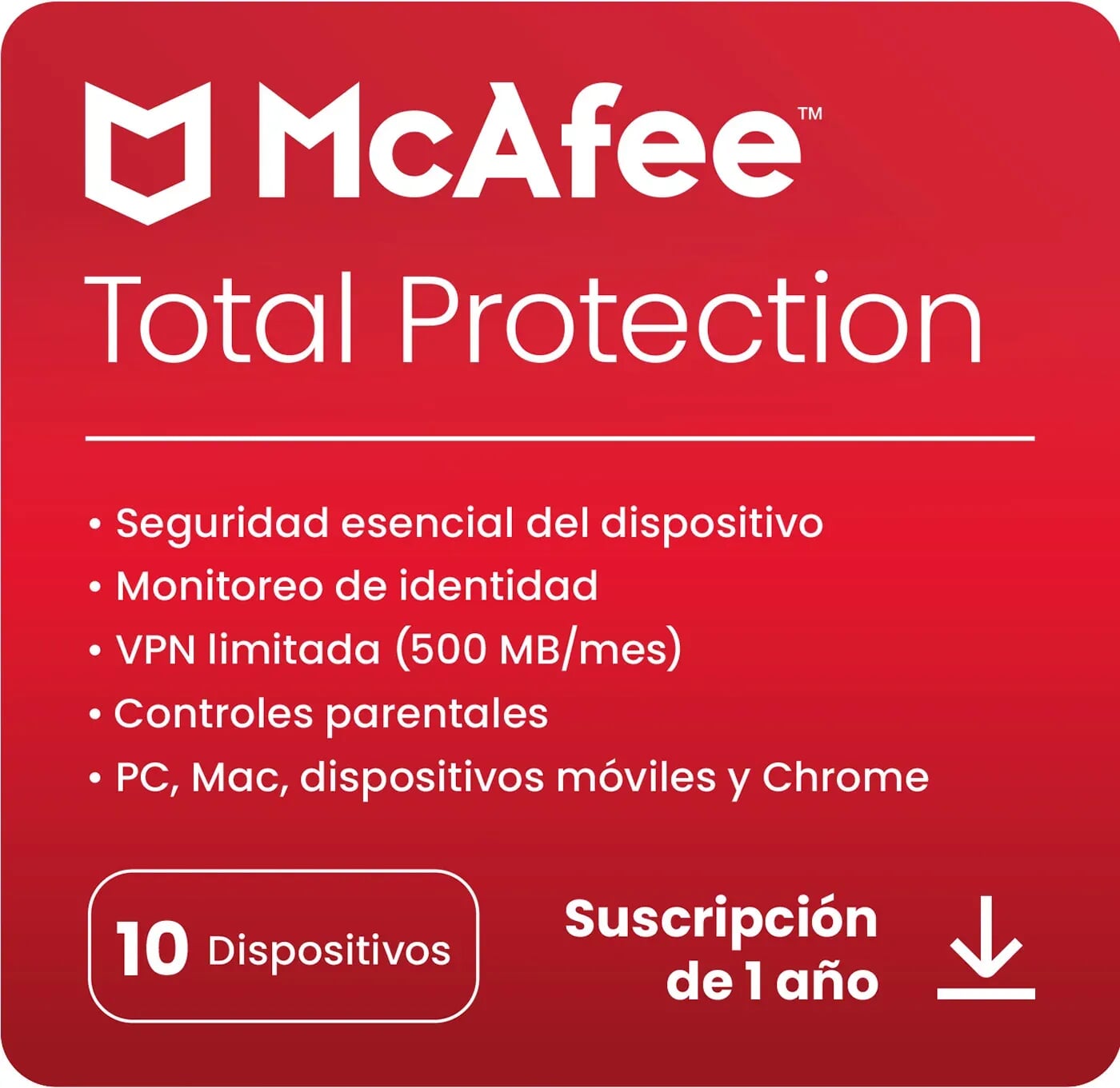 Pin Antivirus McAfee Total Protection 10 Dispositivos - 1 Año