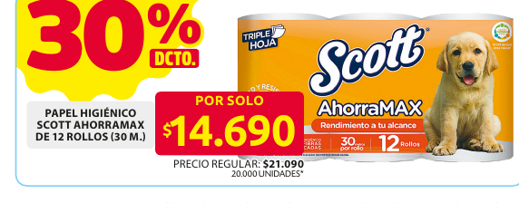 Recorte del folleto: PAPEL HIGIÉNICO SCOTT AHORRAMAX DE 12 ROLLOS (30 M.)