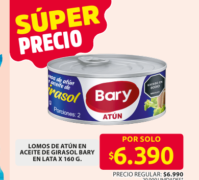 Recorte del folleto: LOMOS DE ATÚN EN ACEITE DE GIRASOL BARY EN LATA X 160 G.