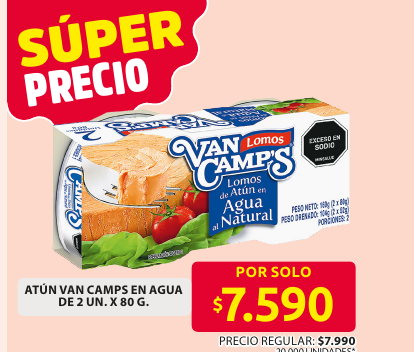 Recorte del folleto: ATÚN VAN CAMPS EN AGUA DE 2 UN. X 80 G.