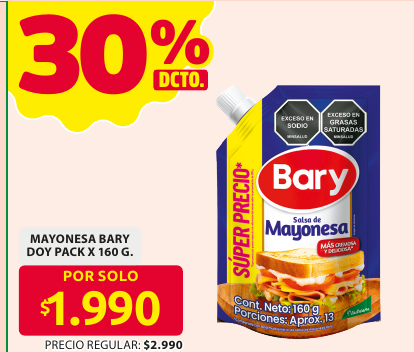 Recorte del folleto: MAYONESA BARY DOY PACK X 160 G.