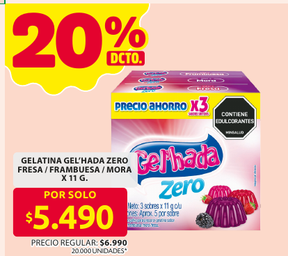 Recorte del folleto: GELATINA GEL'HADA ZERO FRESA / FRAMBUESA / MORA X 11 G.
