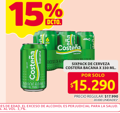 Recorte del folleto: SIXPACK DE CERVEZA COSTEÑA BACANA X 330 ML.