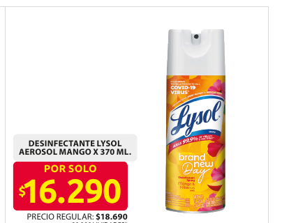 Recorte del folleto: DESINFECTANTE LYSOL AEROSOL MANGO X 370 ML.