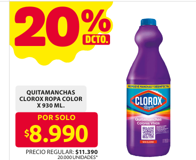 Recorte del folleto: QUITAMANCHAS CLOROX ROPA COLOR X 930 ML.