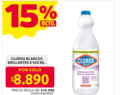 Recorte del folleto: CLOROX BLANCOS BRILLANTES X 930 ML.