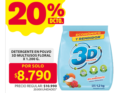 Recorte del folleto: DETERGENTE EN POLVO 3D MULTIUSOS FLORAL X 1.200 G.