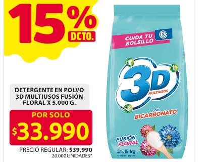 Recorte del folleto: DETERGENTE EN POLVO 3D MULTIUSOS FUSIÓN FLORAL X 5.000 G.
