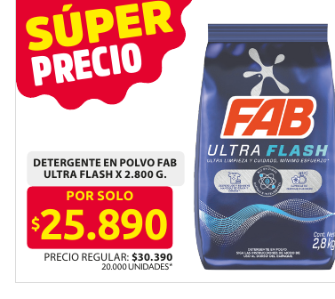 Recorte del folleto: DETERGENTE EN POLVO FAB ULTRA FLASH X 2.800 G.