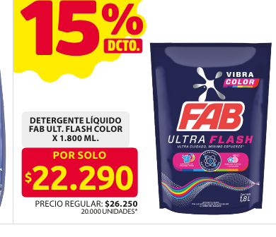 Recorte del folleto: DETERGENTE LÍQUIDO FAB ULT. FLASH COLOR X 1.800 ML.