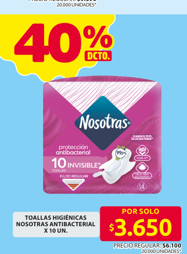 Recorte del folleto: TOALLAS HIGIÉNICAS NOSOTRAS ANTIBACTERIAL X 10 UN.