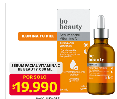 Recorte del folleto: SÉRUM FACIAL VITAMINA C BE BEAUTY X 30 ML.