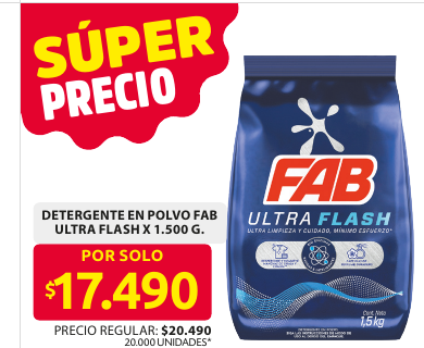 Recorte del folleto: DETERGENTE EN POLVO FAB ULTRA FLASH X 1.500 G.