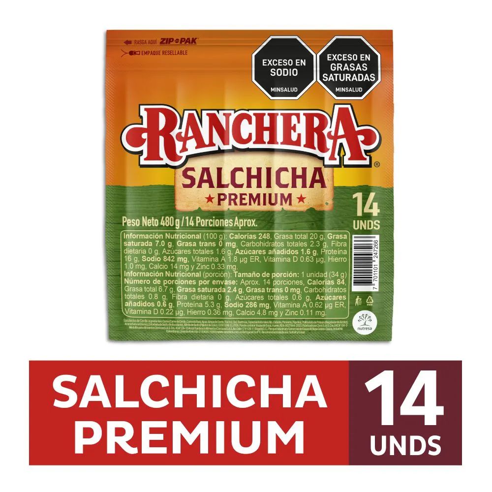 Salchicha ranchera RANCHERA premium x14und (480 gr)