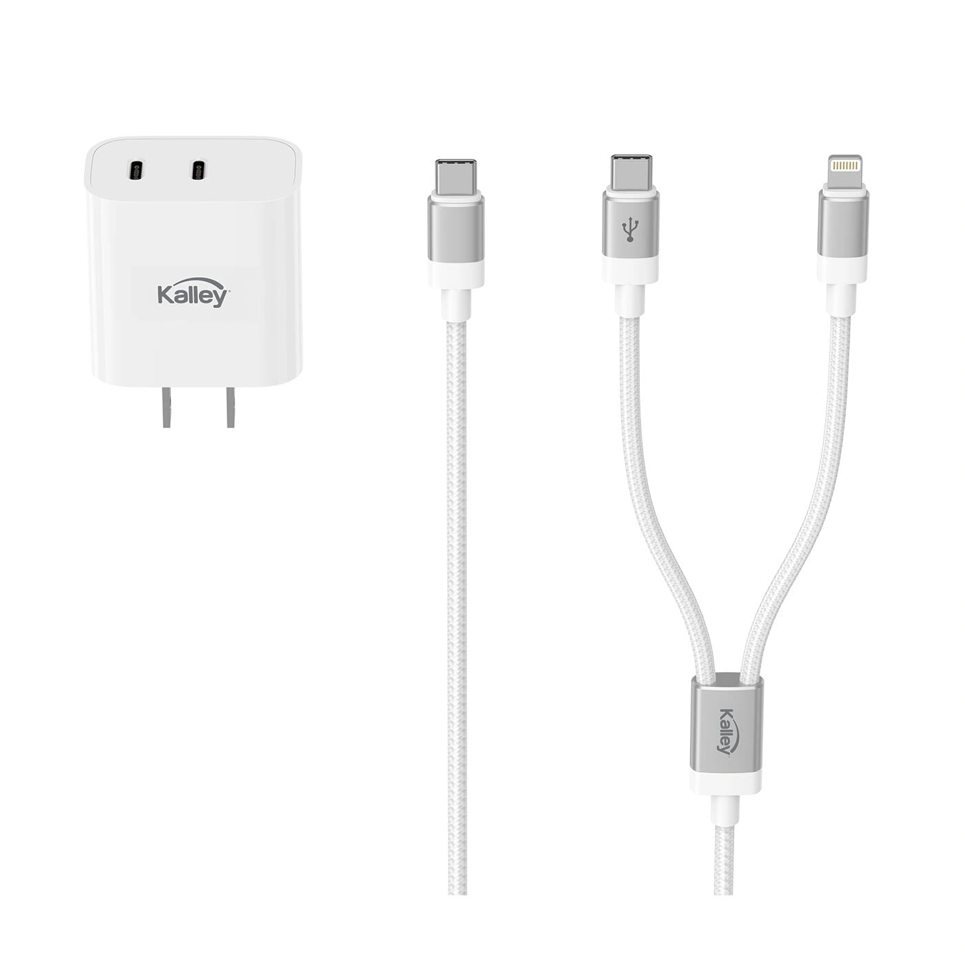 Adaptador|Cargador de Pared KALLEY Dual USB (USB-C a USB-C 60W) + (USB-C a Lightning 27W) 1 Metro Trenzado K-KC2 Blanco