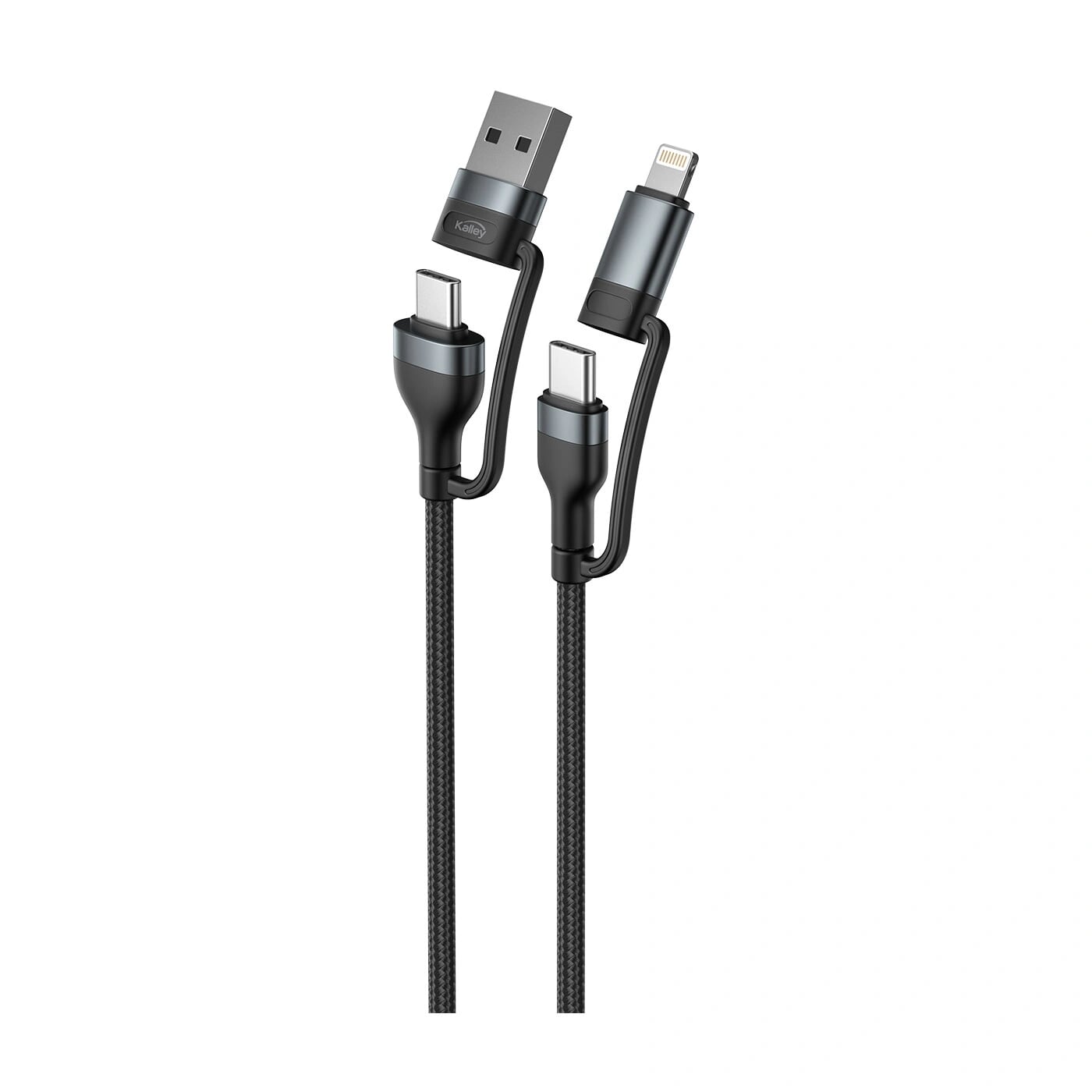 Cable 4 en 1 KALLEY USB-A a USB-C|Lightning a USB-C Trenzado 1 Metro Negro