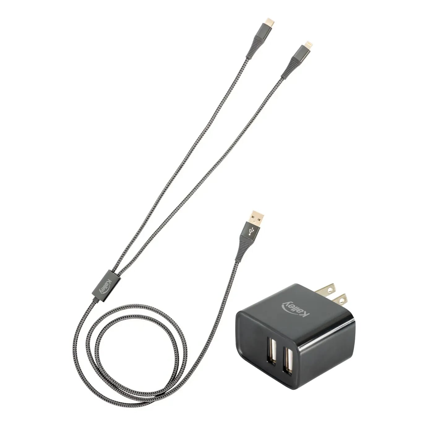 Adaptador|Cargador de Pared KALLEY Dual USB (USB-A 12W+ USB-A 12W) + Cable USB a Lightning |USB-C de 1.2 Metros Negro|Gris